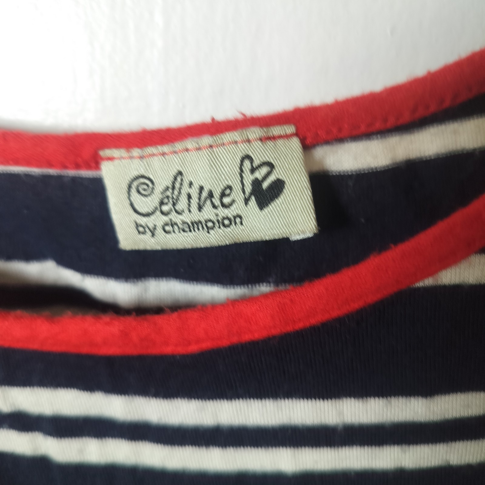 CELINE BY CHAMPION NAVY WHITE STRIPED BOAT NECK TOP RED TRIM BUTTON 3/4 SLEEVE