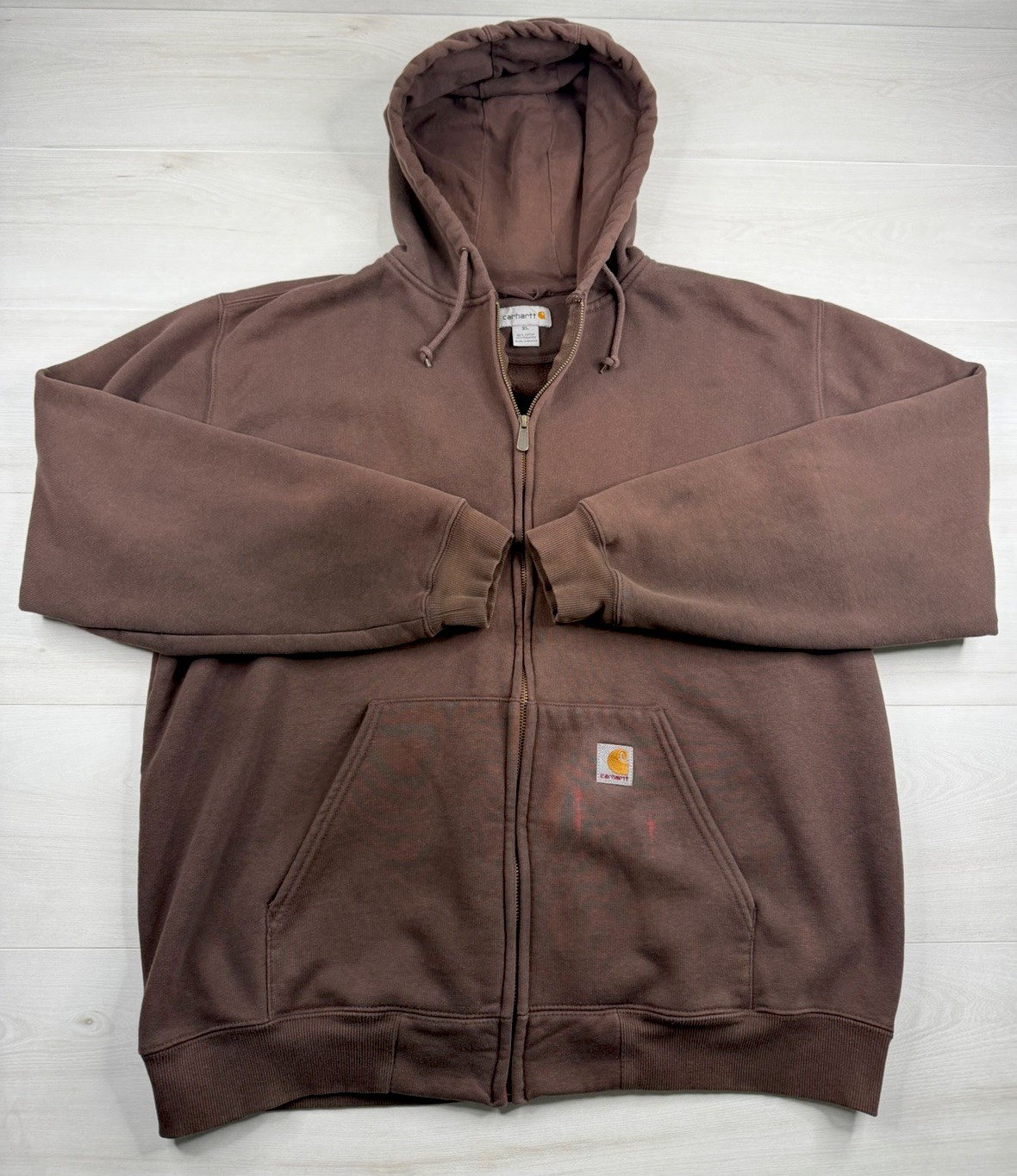 Vtg Carhartt Hoodie Brown Full Zip Sweatshirt Faded Paint Marks 2000s Y2K Men XL