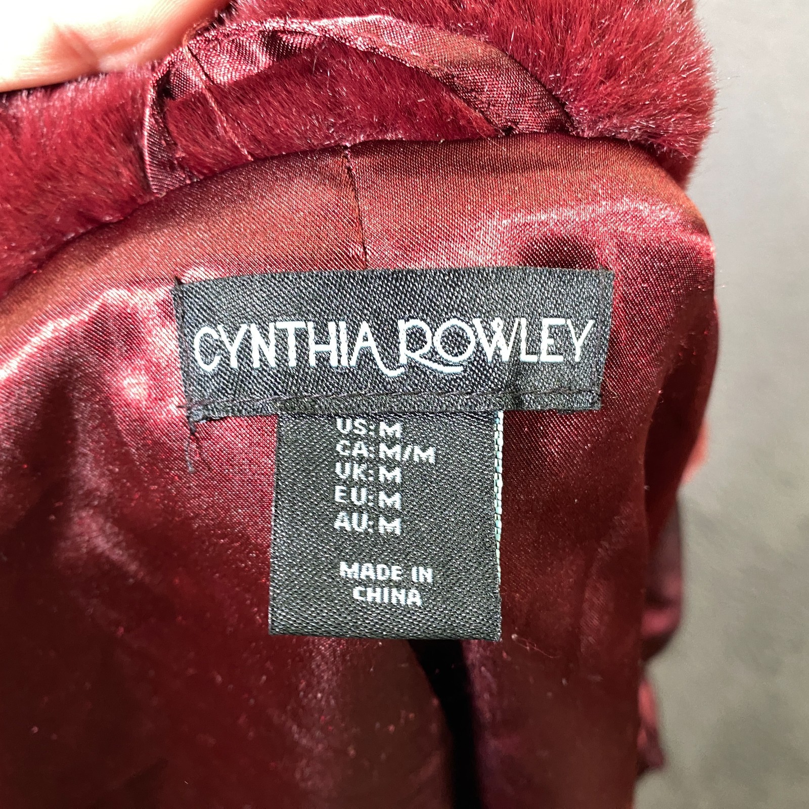 Cynthia Rowley Jacket Bomber M Faux Fur Burgundy Mob Wife Glam Aesthetic
