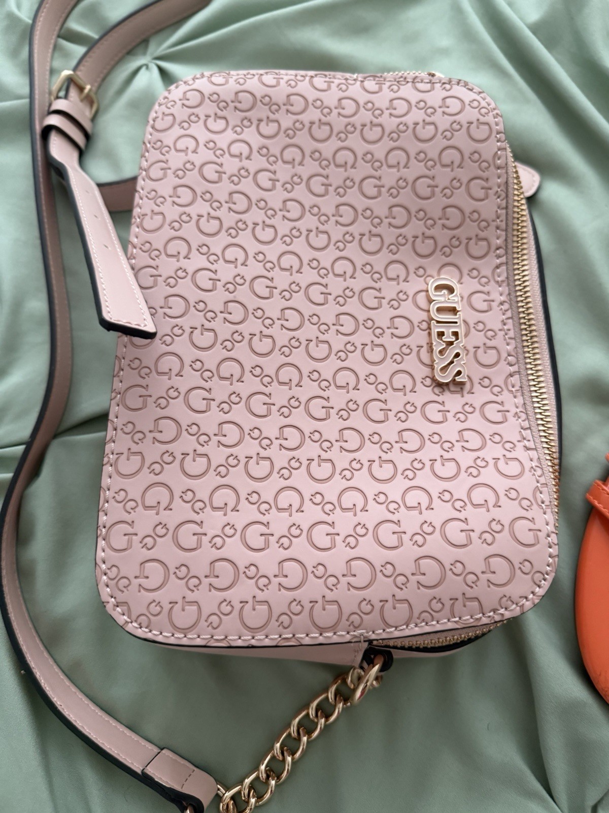 GUESS Pink Logo Zip Crossbody Bag, Adjustable Detachable Strap, Gold Hardware
