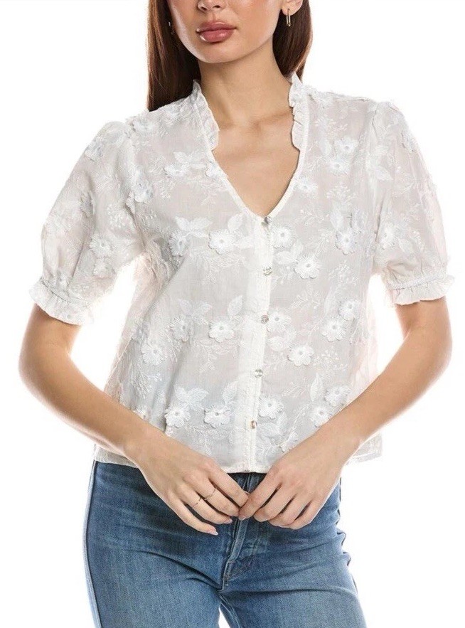 Nanette Lepore White Floral Eyelet Embroidered V-Neck Blouse Sz S Bridal Sheer