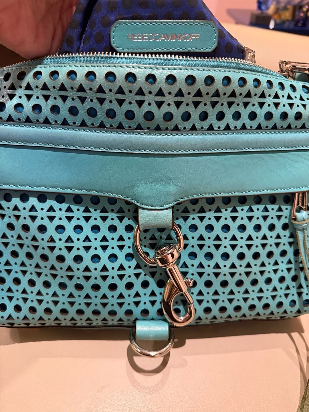 Rebecca Minkoff Perforated MAC Crossbody Bag Teal Blue Leather Chain Strap