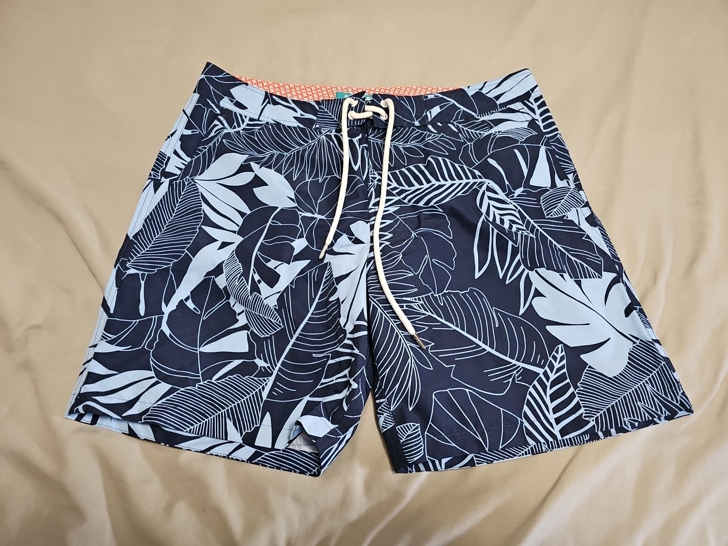 Bonobos Navy Blue Tropical Leaves Drawstring Lined BoardShorts SZ W34×L7