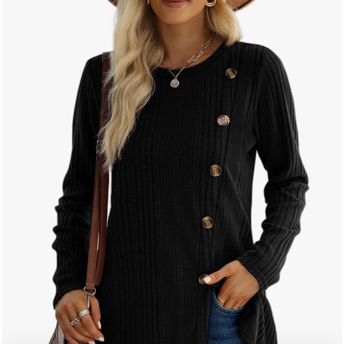 Womens Black Ribbed Knit Long Sleeve Top Asymmetrical Button Accent Size Large