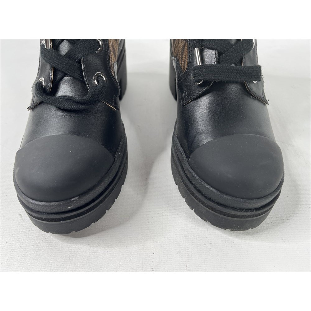 Michael Kors Brea Black Leather & Brown Logo Jacquard Combat Boots 6M