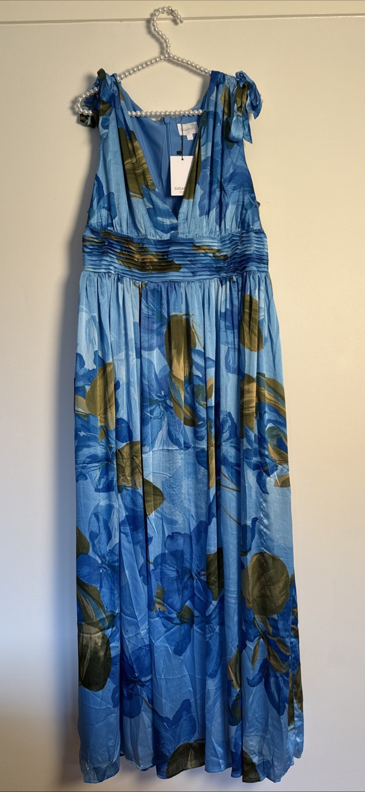 Sugarlips Neiva Blue Floral Descanso Pleated Maxi Dress 1X Flowy Romantic Garden