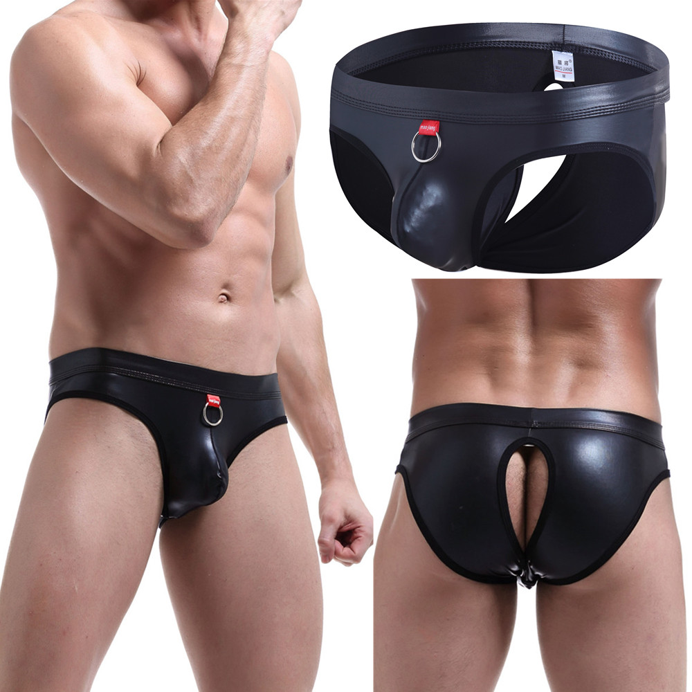 Men PU Leather Thongs Jockstrap Bikini G-String Boxer Briefs Underwear Open Butt