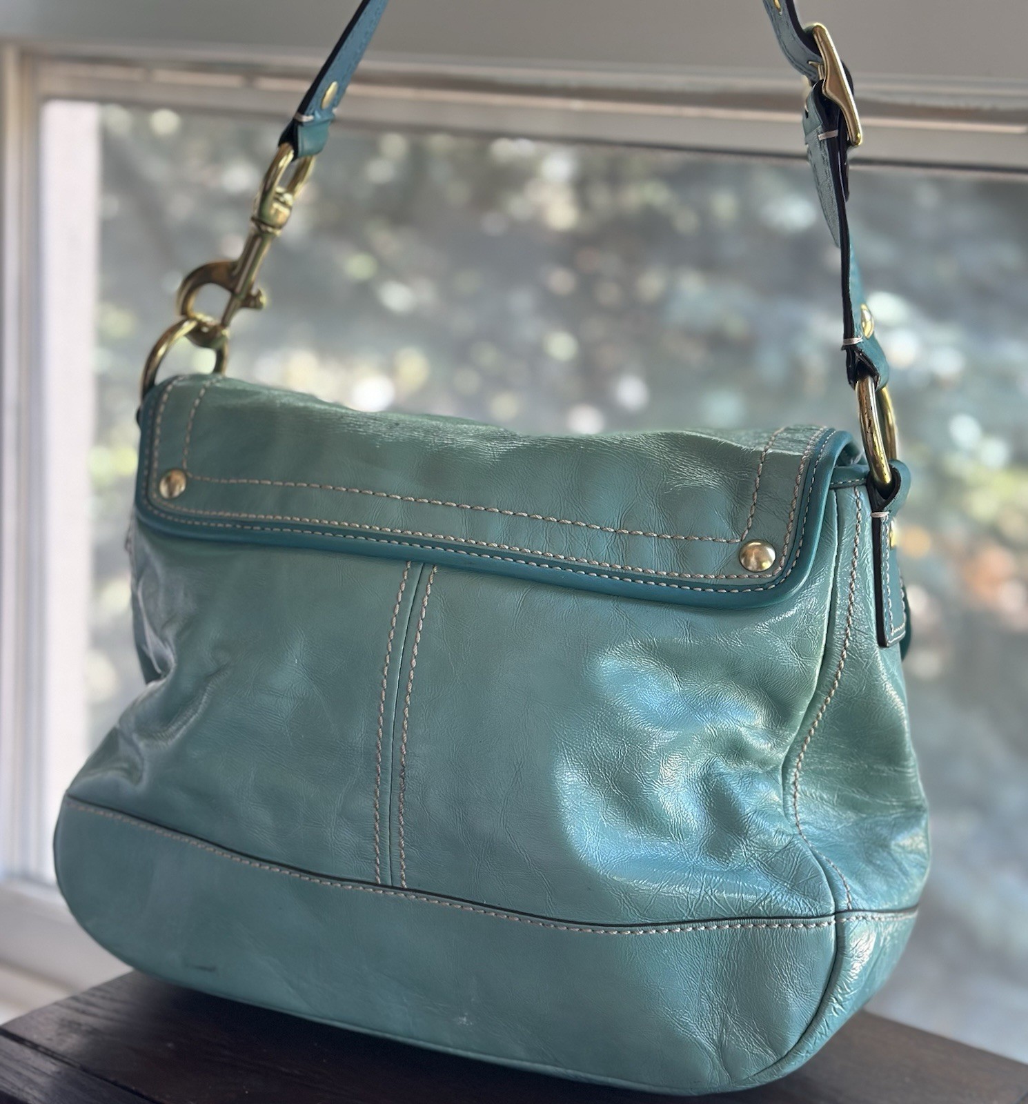 🦋Vintage COACH Ali Turquoise Legacy Patent Leather Turnlock Shoulder Bag f13370