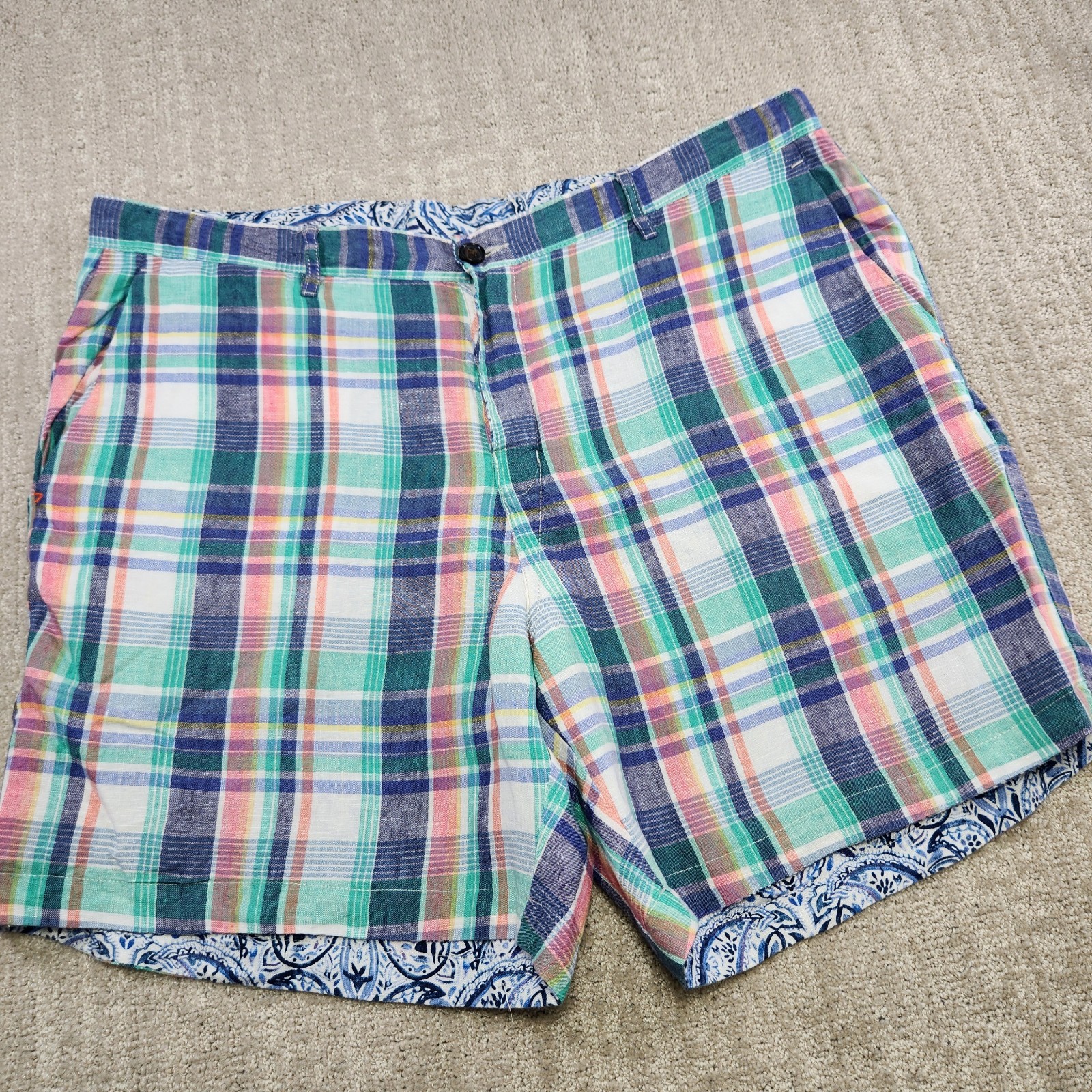 Tommy Bahama Shorts Men 40 Linen Paisley Plaid Reversible Chino Luxury Beach
