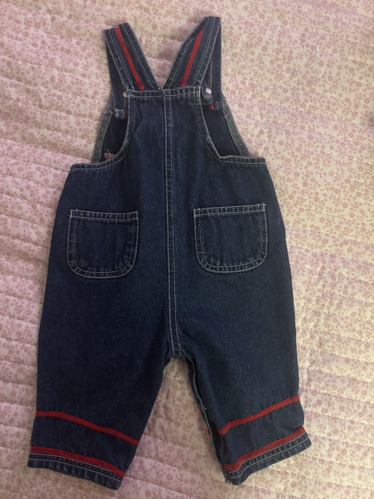 3-6M Blue Denim Overall One-Piece, Embroidered Snoopy & Woodstock, Pockets
