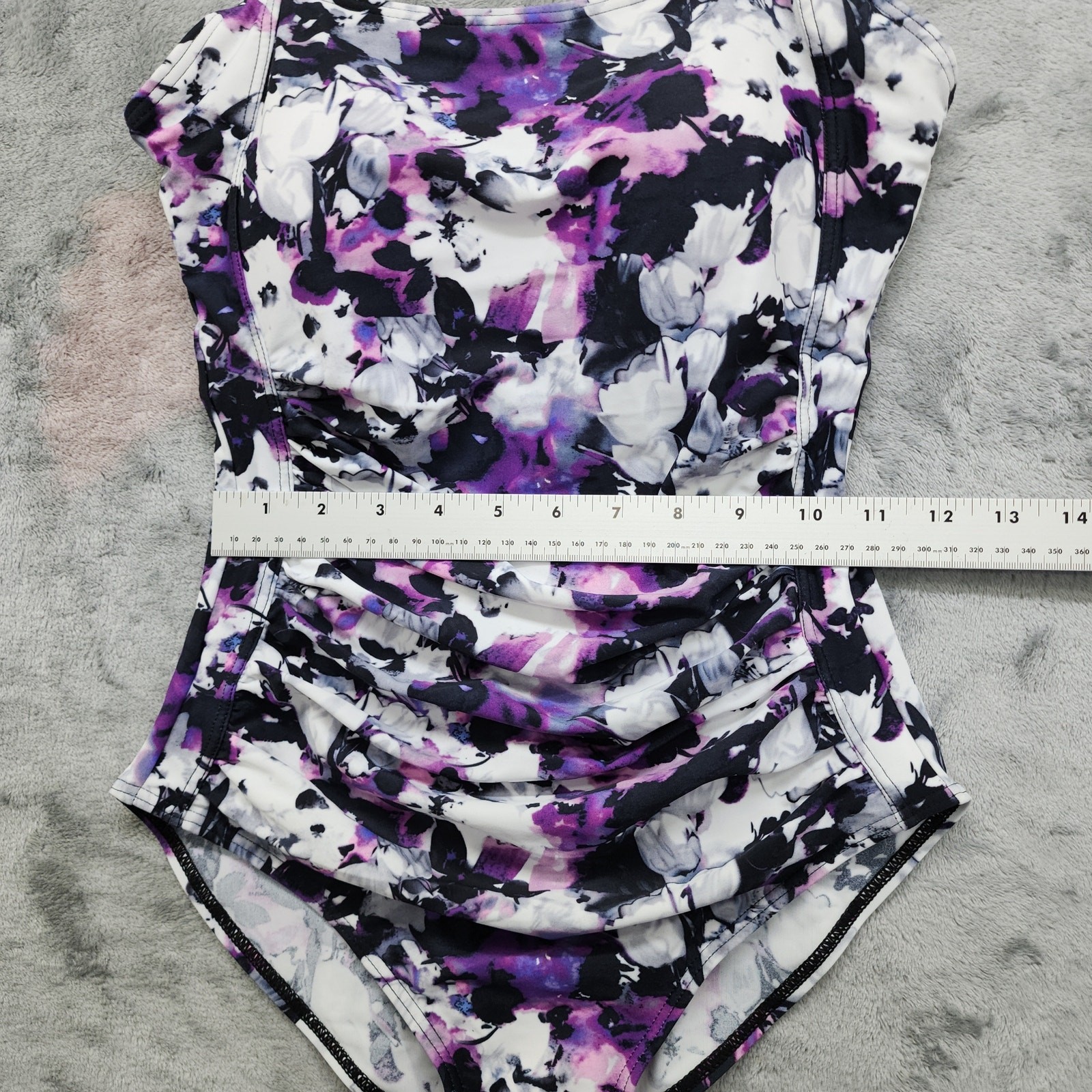 NEW Jusfitsu Swimsuit Size 6 Purple Black Floral Ruched Tummy Control High Cut