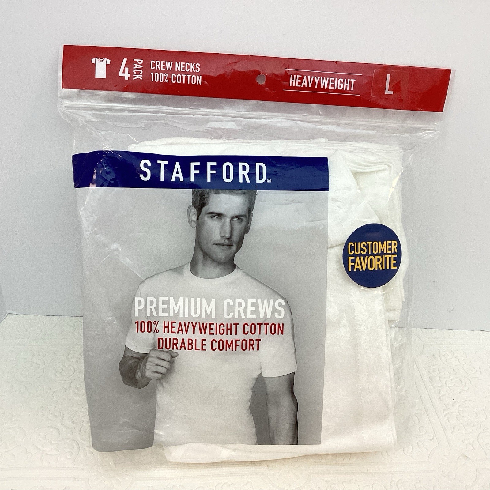 Stafford Heavyweight Premium Cotton White Crew Neck T-Shirts, 4 pack,Large, NEW