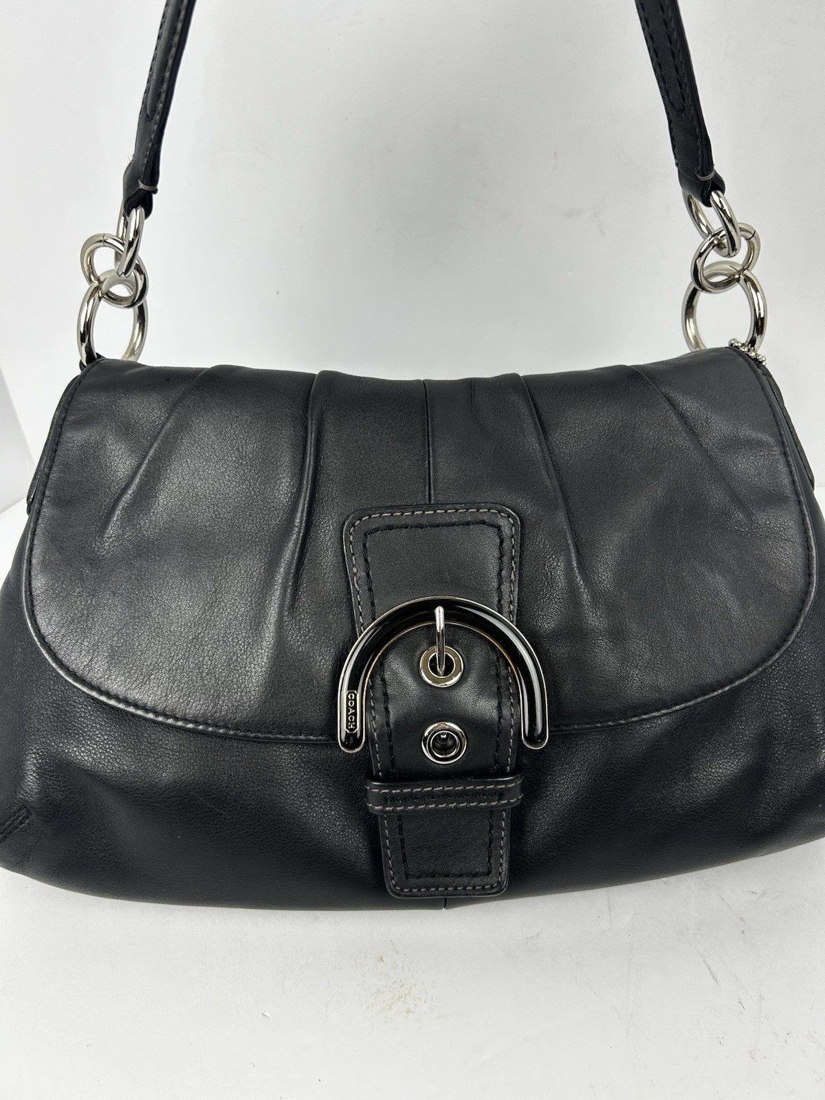 Coach Vintage Black Pleated Soho Y2K Soft Leather w/Buckle Shoulder Bag Flap