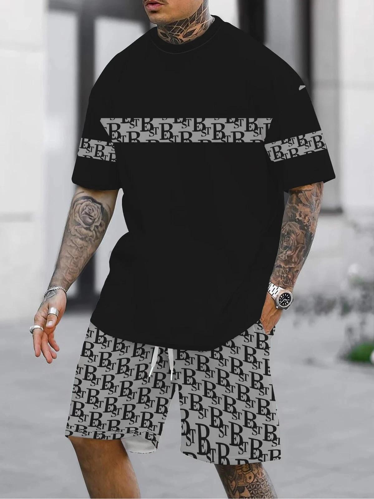 Men 2-piece Set Summer Outfit Short Sleeve Sweatshirt T Shirts and Shorts Suits