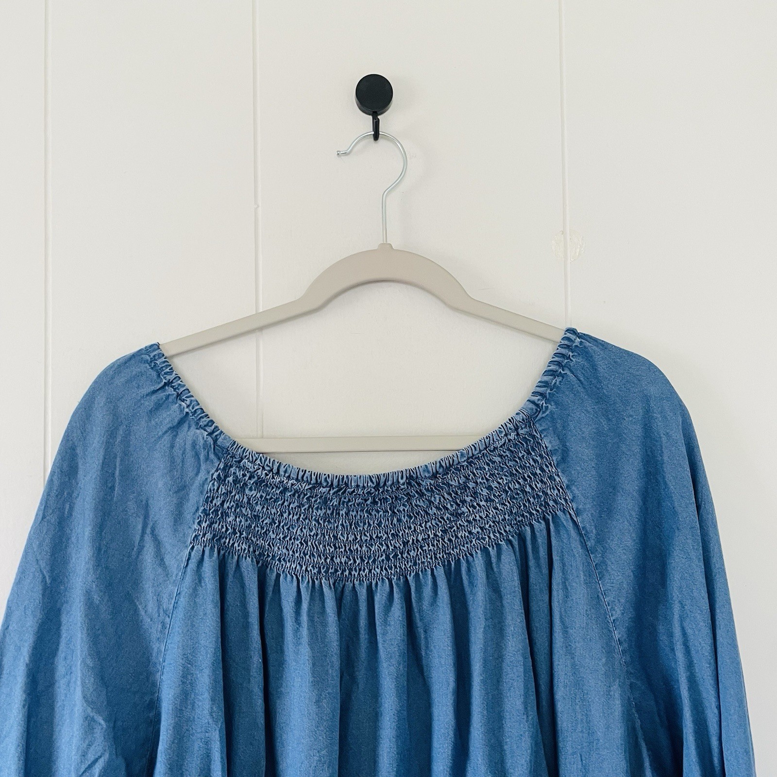 New Directions Blue Chambray Smocked Scoop Neck Shift Dress 3/4 Sleeve 3X