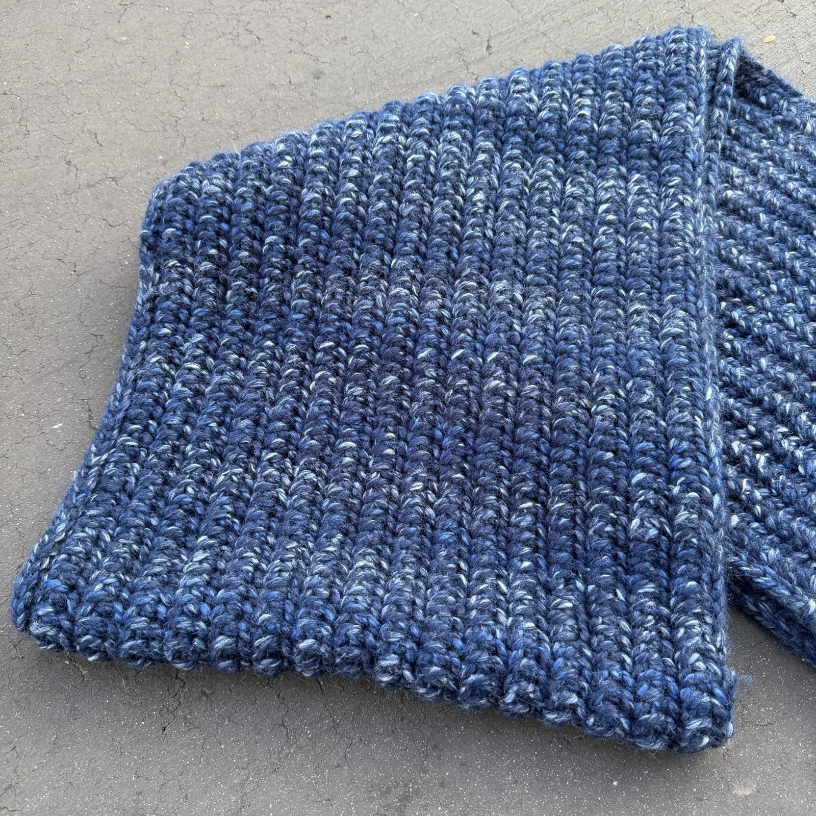 Crocheted Knit Scarf Dark Blue Handmade – 80″ Long Fall Winter Unique Design