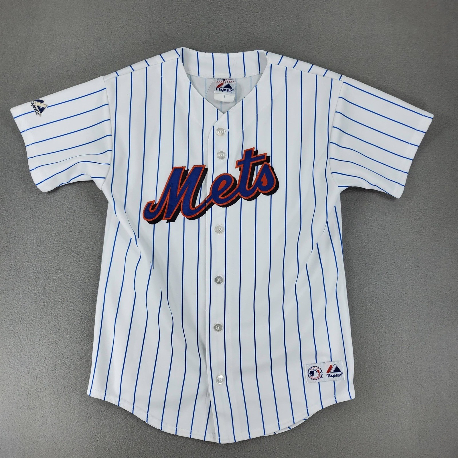Majestic New York Mets Baseball Jersey Kids L White Pinstripe MLB Button Up USA