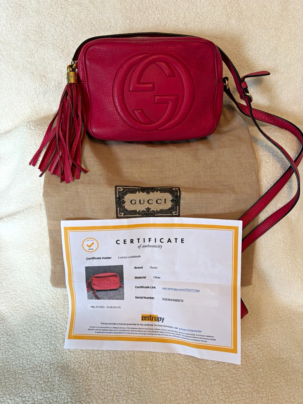 Gucci Soho Disco Pink Pebbled Crossbody Camera Bag Logo Tassel Zip Dust Bag COA