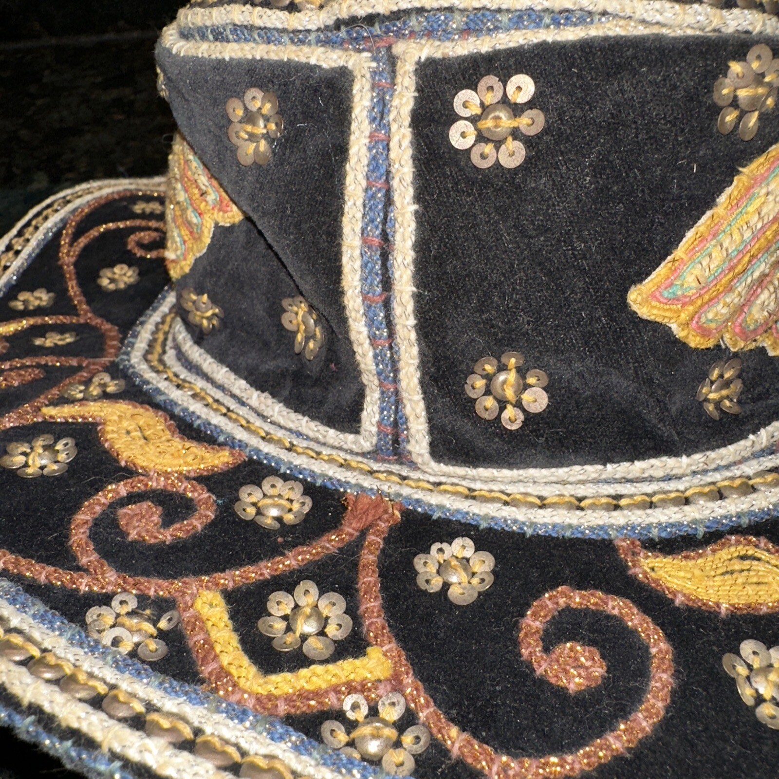 Vintage Myanmar Burmese Burma Kalaga Floppy Boho Hat Phoenix Sequins Embroidery