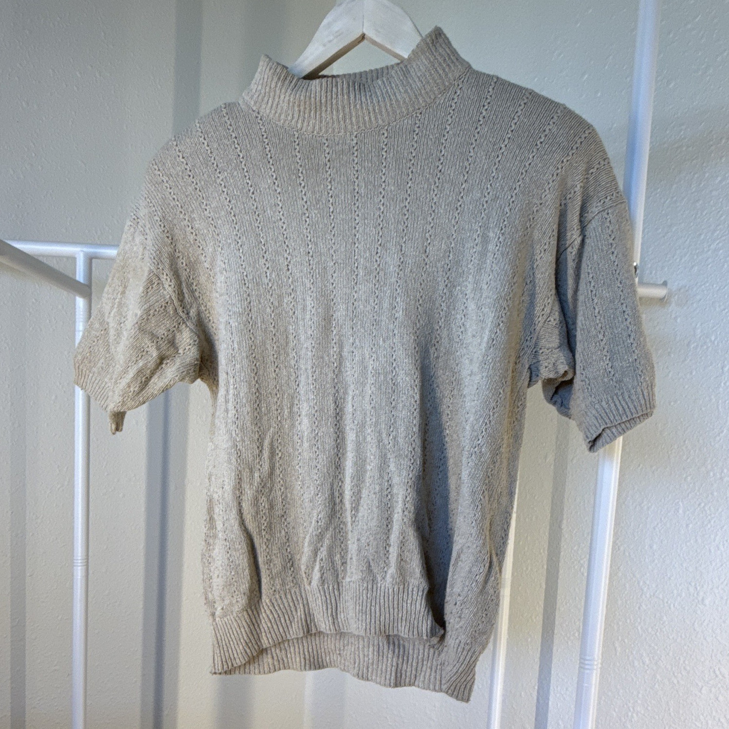 Rafaella Women’s Beige Ribbed Knit Mock Neck Short Sleeve Pullover Sweater S