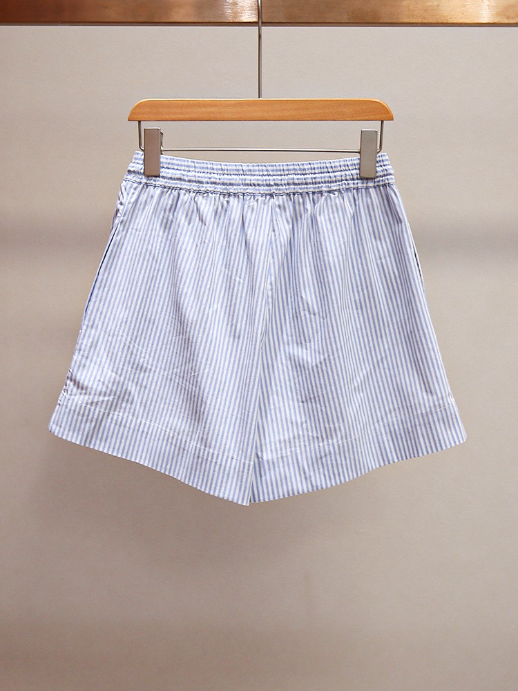 Sandro Striped Wide Leg Shorts Embroidered Pearl Waist Tie