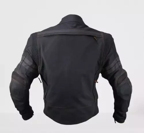 Black Leather Motorcycle Racer Jacket with padded arms, full zipper style biker
