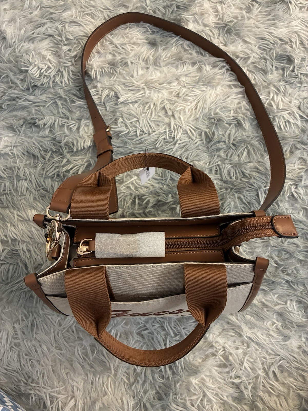 GUESS Jackie Mini Small Tote Bag Handbag Crossbody Brown Natural CB157581 NWT