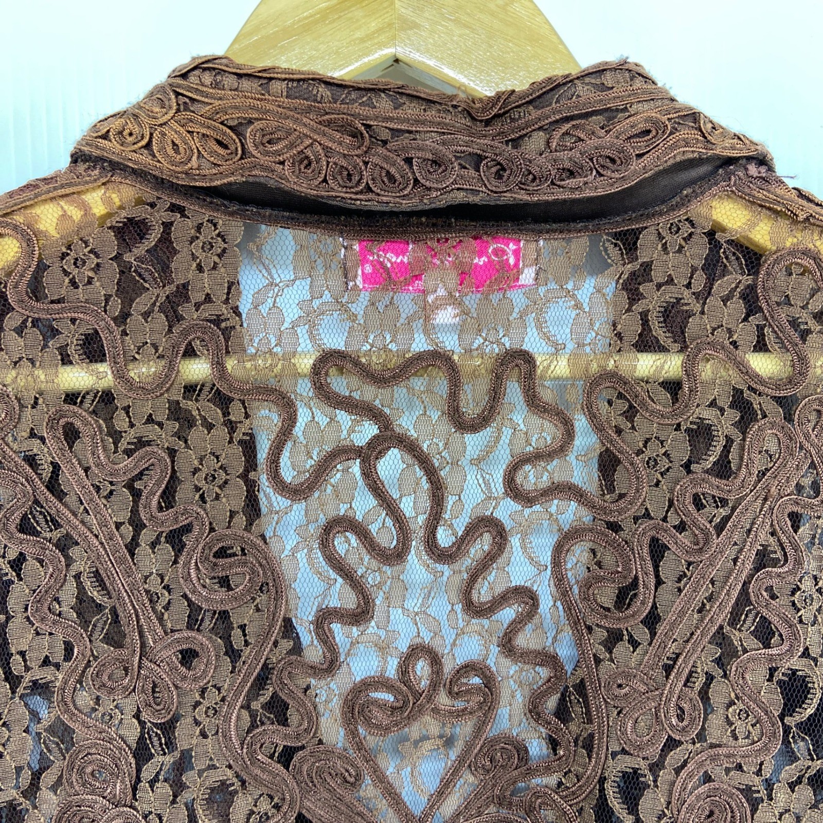 Pretty Angel Brown Silk Lace Long Sleeve Wide Collar Blouse Womens Medium