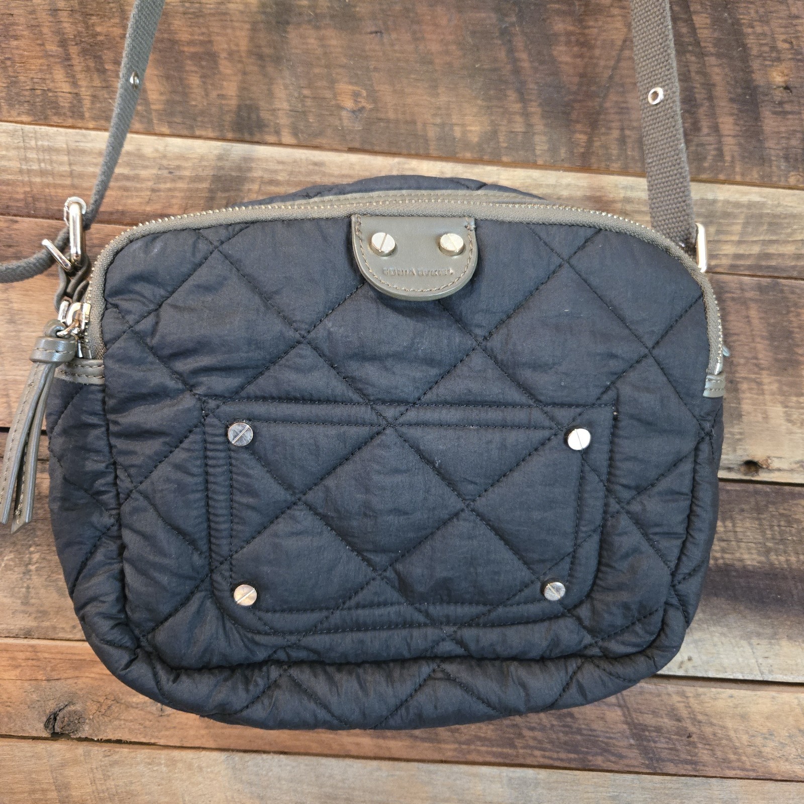 Black Quilted Shoulder Bag with Zipper Accent Olive Strap Nice!
