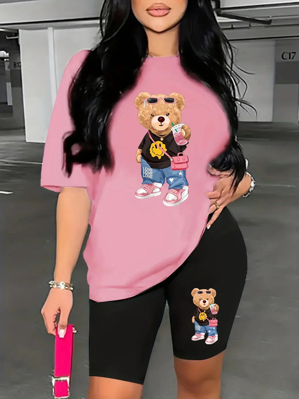 Women’s Summer Bear Cartoon Print Casual Loose Round Neck T-Shirt Shorts Set