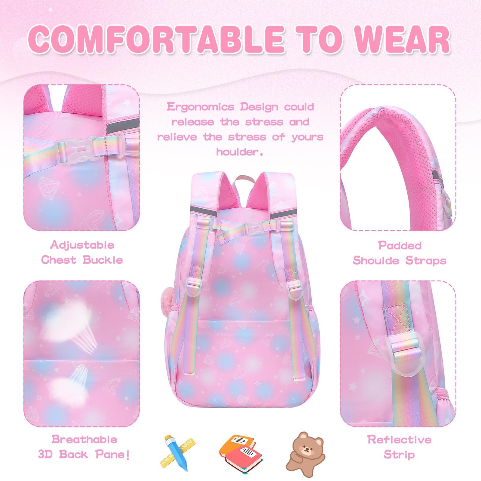 17 inch Pink Sweet Girls Backpack Splash-resistant School Bag Laptop Compartment