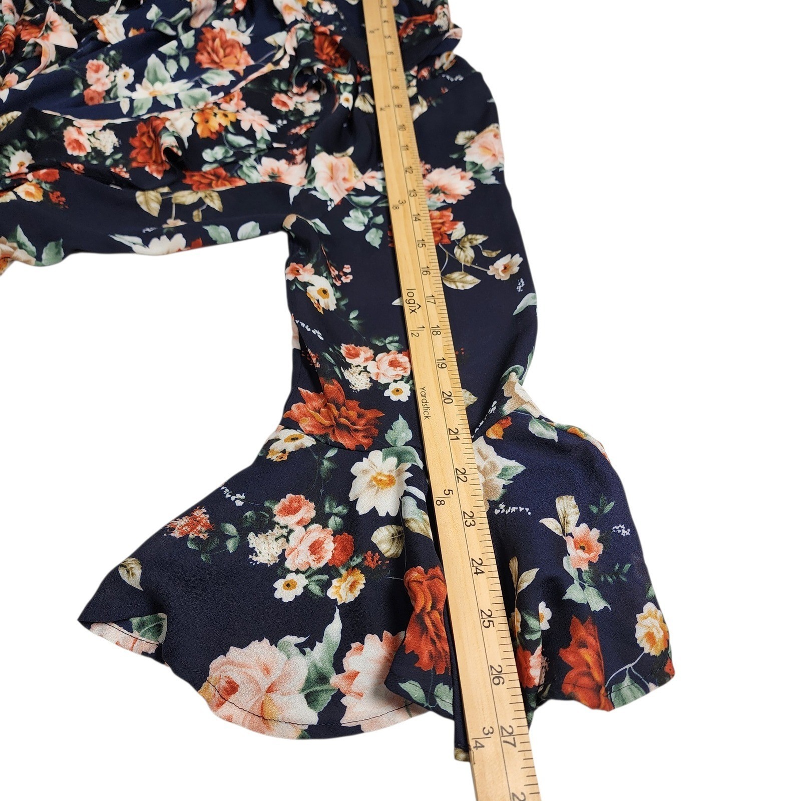 Entro Floral Print Kimono Jacket Navy Blue Bell Sleeve Ruffle Women’s M