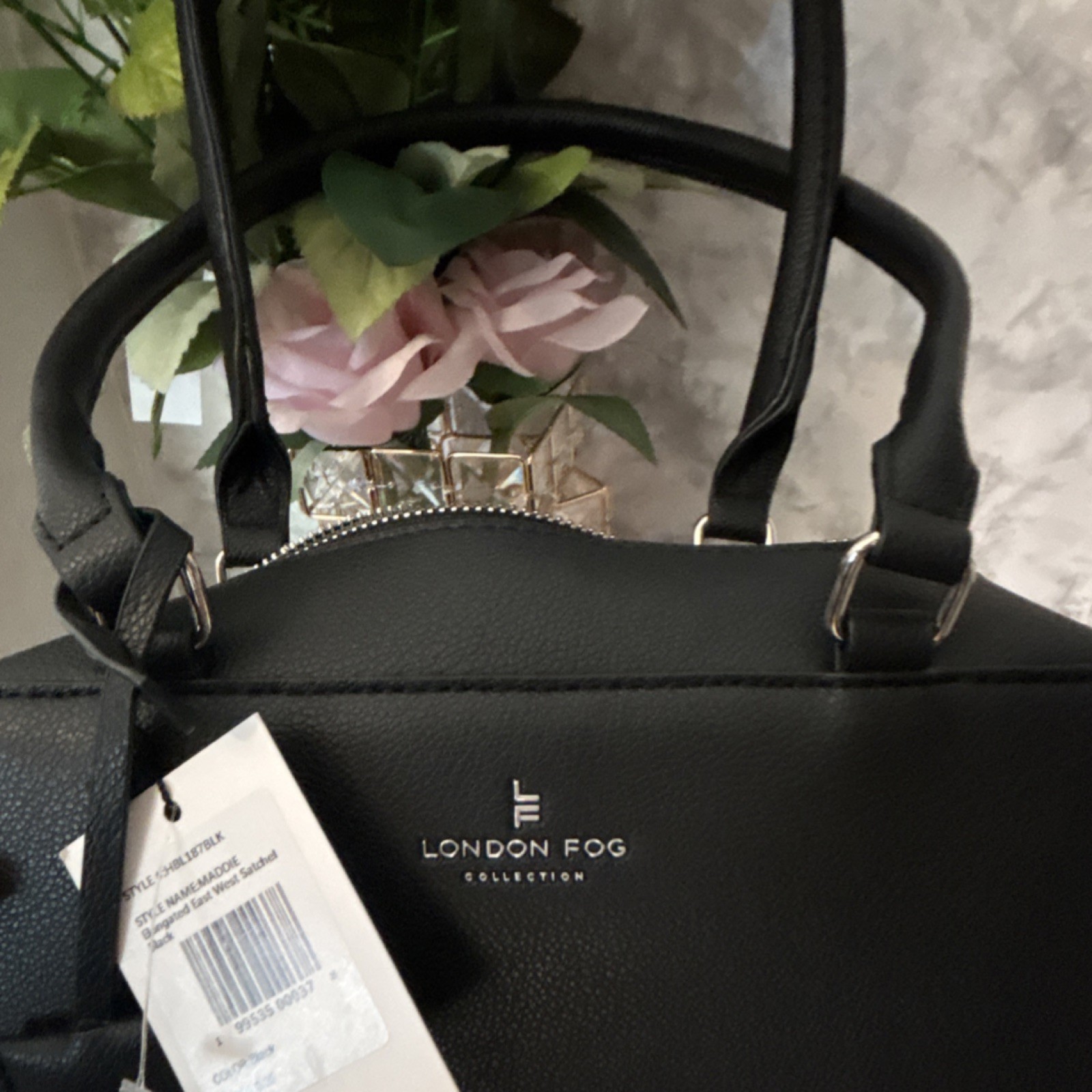 London Fog Black Satchel Top Handle Zip Closure Detachable Strap Silver Hardware