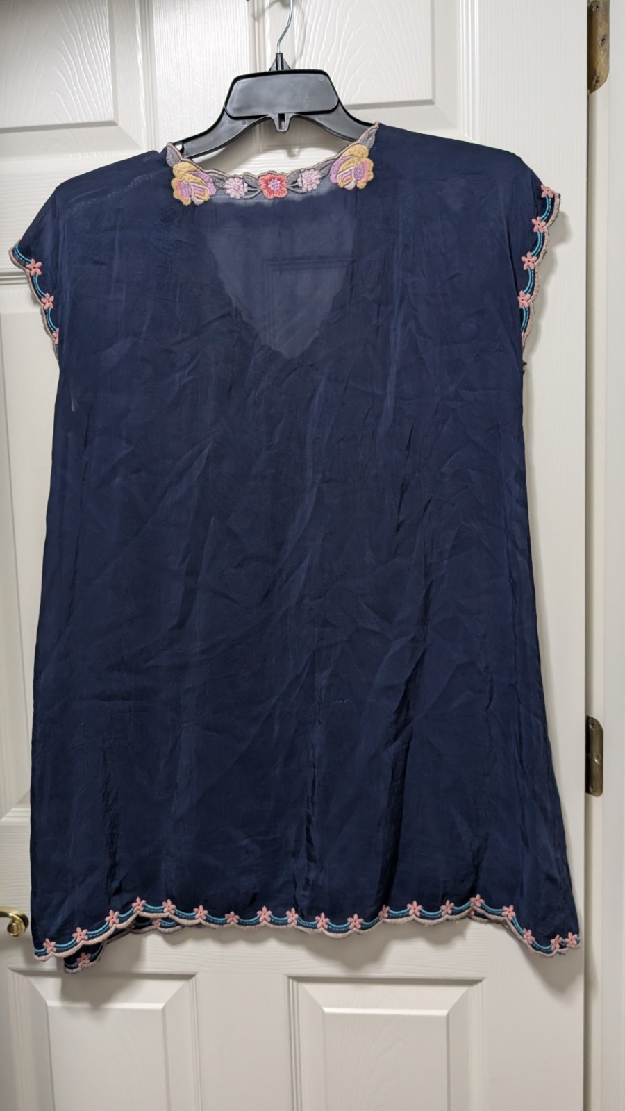 Johnny Was Petunia Georgette navy Blue floral embroidered tunic Size Small S