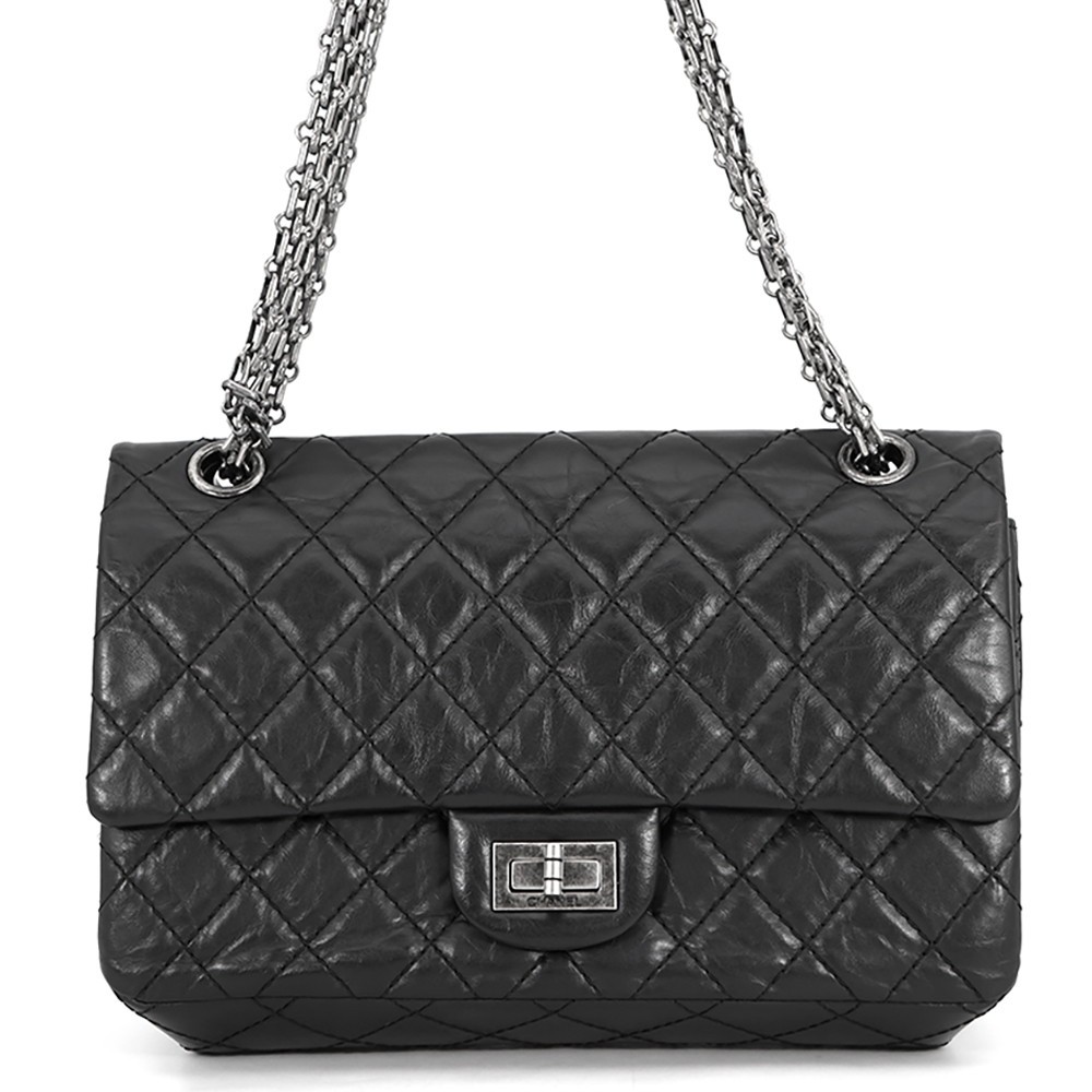 CHANEL 2.55 Double Flap Chain Shoulder Bag Size 24 Aged Calf Leather Black A…