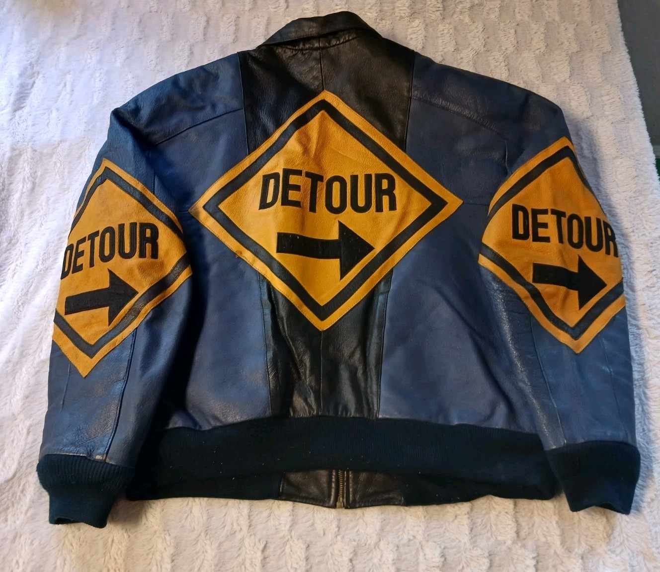 Vintage Phase 2 Detour Road Work Sign Leather Jacket Men’s XL 1980s Black/Blue