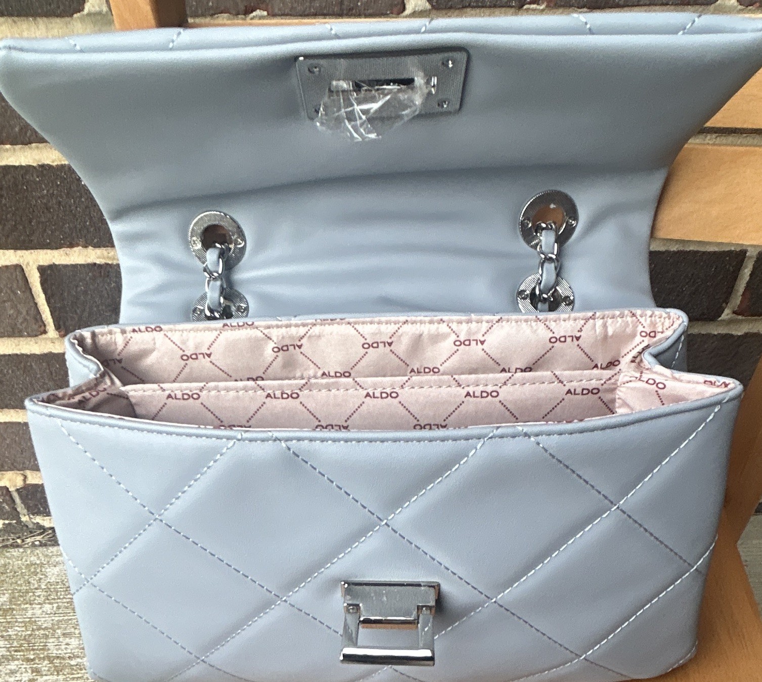 ALDO Light Blue Quilted Shoulder Bag, Chain Strap, Turn Lock, Pockets