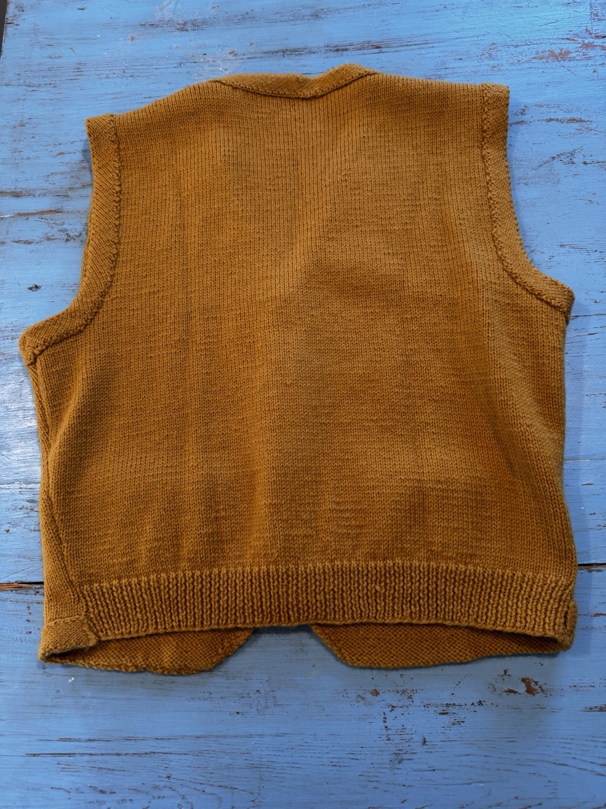 VTG 70s Hand Knit Sweater Orange Vest Gold Buttons Preppy Granny Pockets Medium