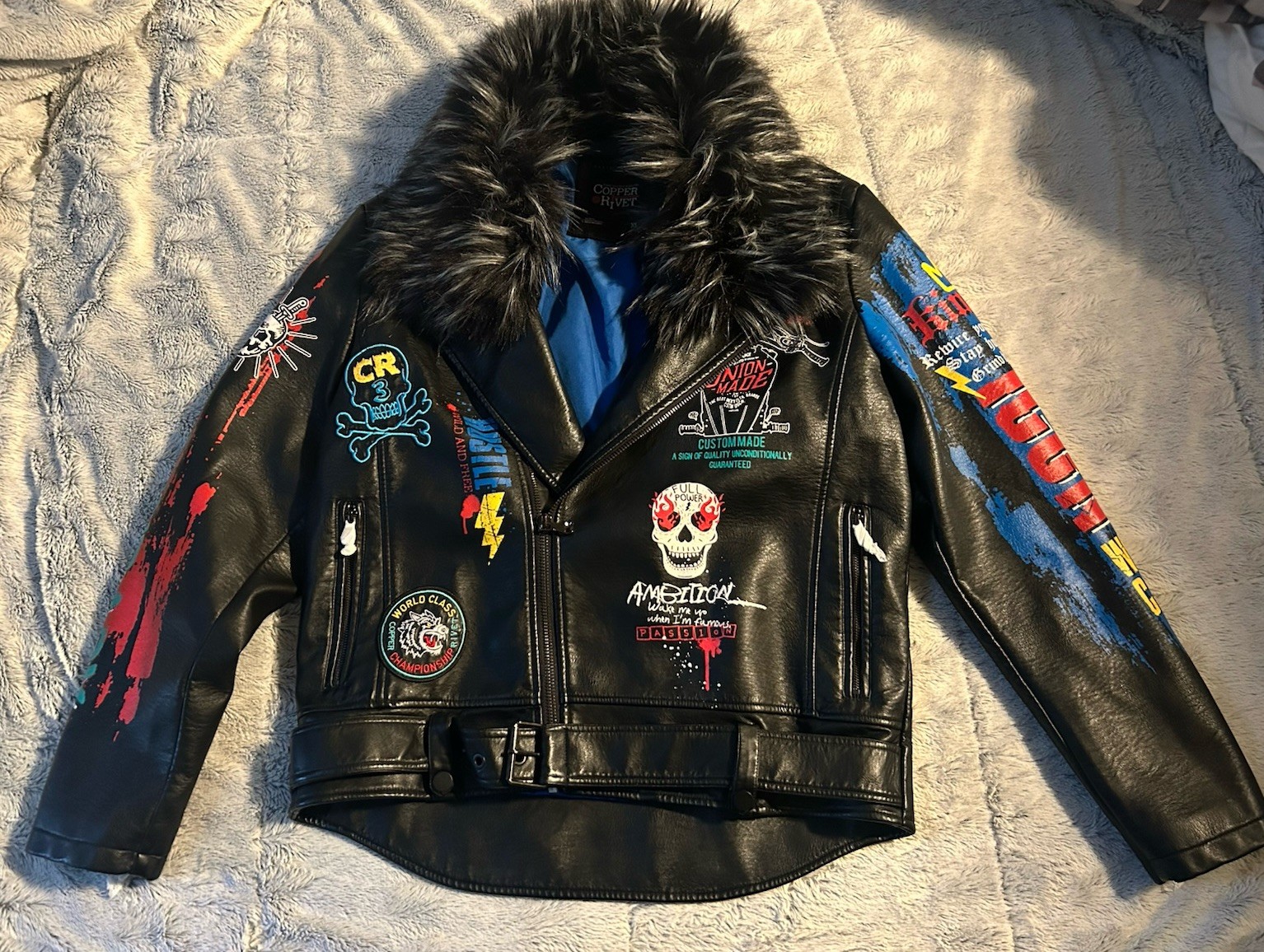 Copper Rivet Moto PU Leather Jacket Black Mens XLarge Removable Fur Graphic