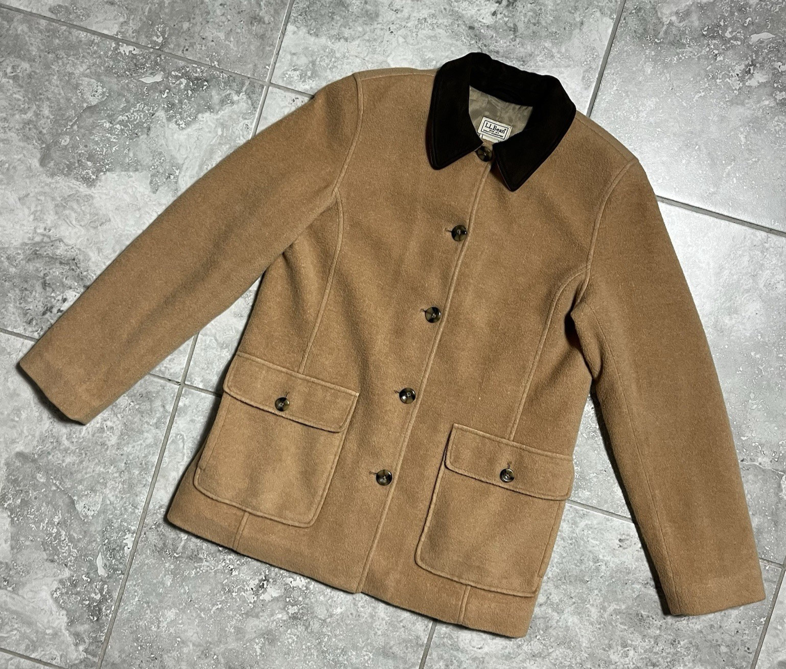 LL Bean Vtg Wool Blend Button Barn Coat Jacket Camel Tan 90s Womens S