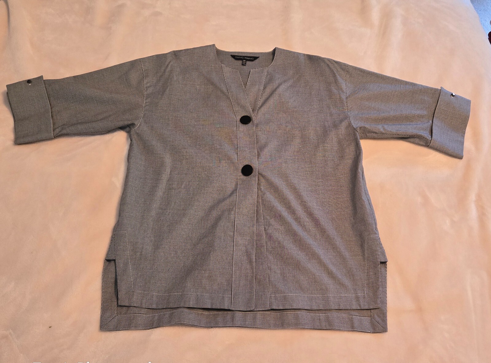 Ming Wang Black White Check 3/4 Length Sleeve 2 Button Top Size XS Washable