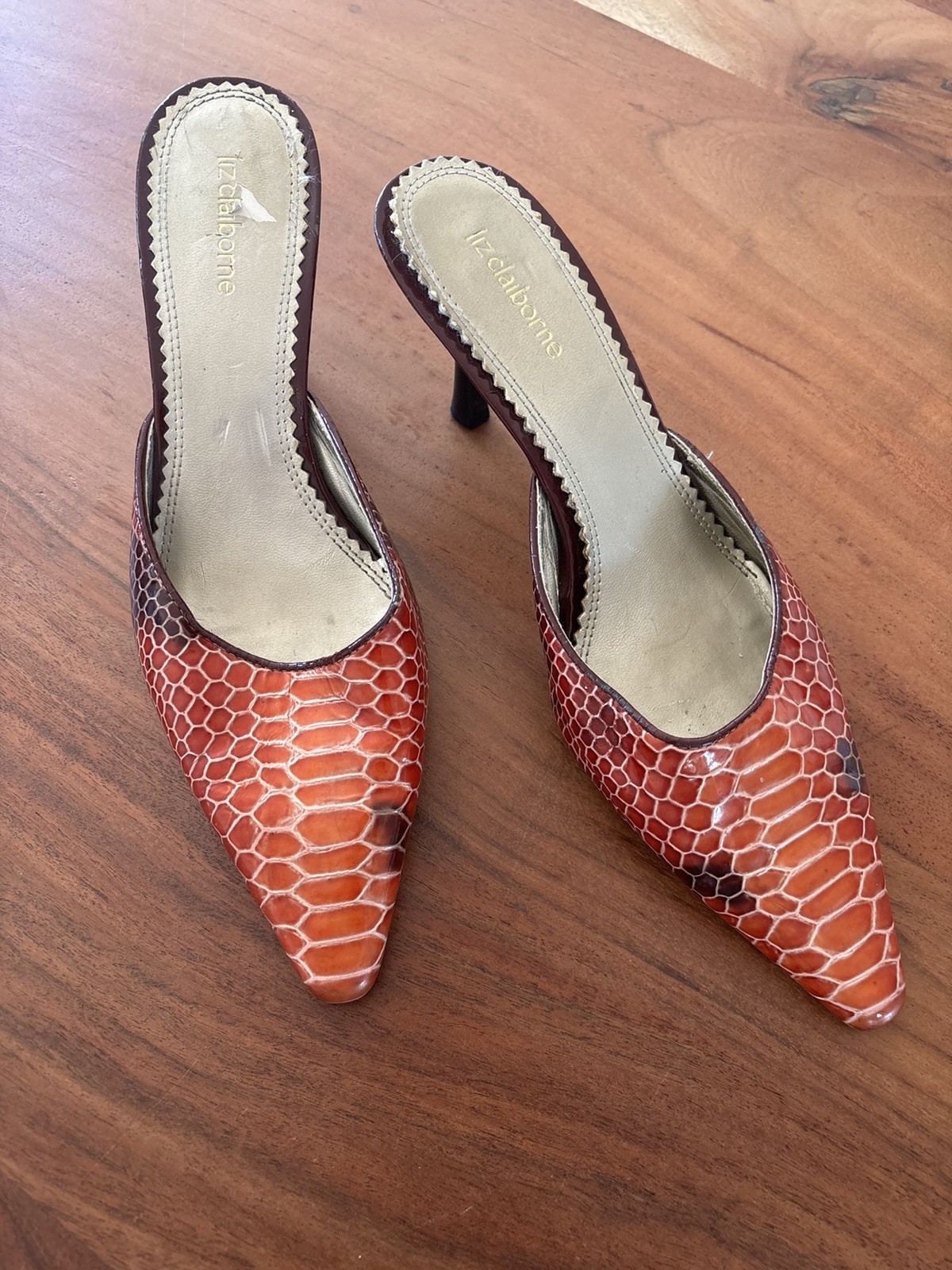 Vintage Y2K Liz Claiborne Burnt Orange Snakeskin Leathe High Heeled Mules Sz 7.5