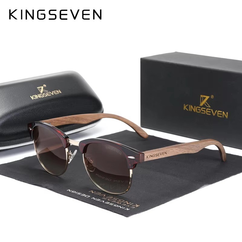 KINGSEVEN Polarized Walnut Wood Sunglasses UV400 Round Frame Men Women