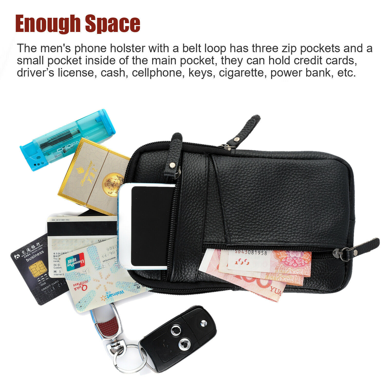 Men Leather Cell Phone Belt Bag Waist Bag Shoulder Pouch Crossbody Purse Pocket