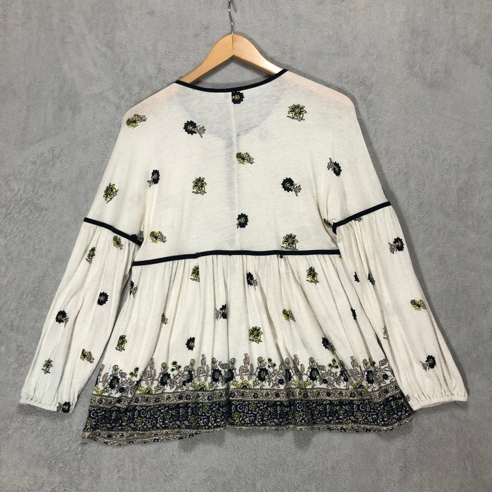 Lucky Brand Floral Peasant Top Tie Neck Long Sleeve Bohemian Blouse M