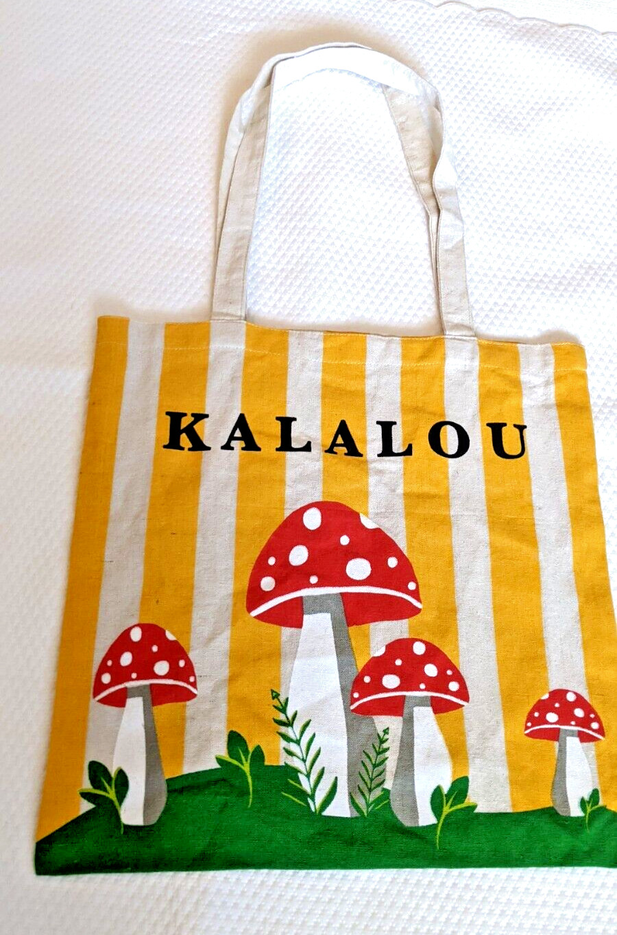 Kalalou Striped Red Mushroom Print Cloth Canvas Shopping Bag Tote