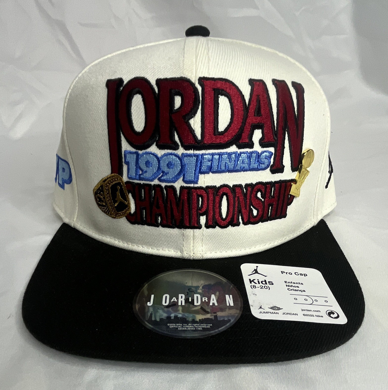 Jordan Pro Cap Kids (8-20) White/Black Snapback Embroidered Logo 1991 Finals