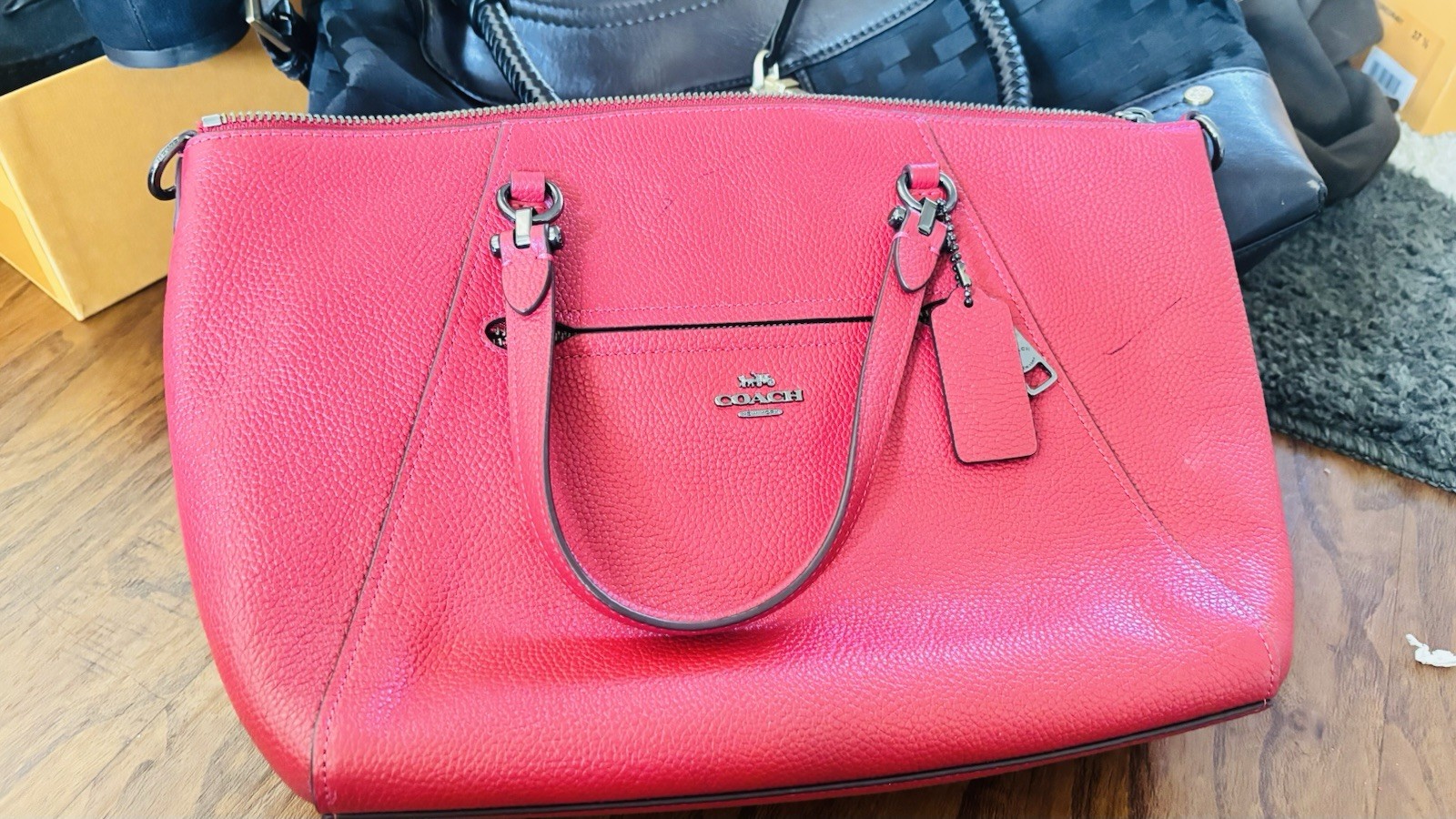 Coach Pink Pebbled Zip Top Satchel Top Handle Double Handles Lined Charm
