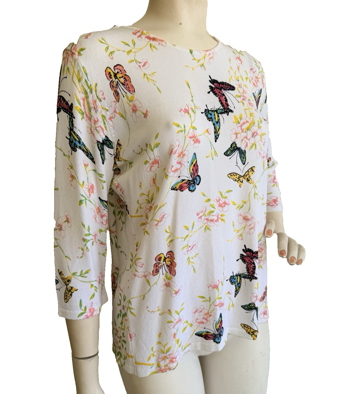 NWT JOSEPH A. Sweater Top White Butterfly Floral Print Viscose 3/4 Sleeve XL
