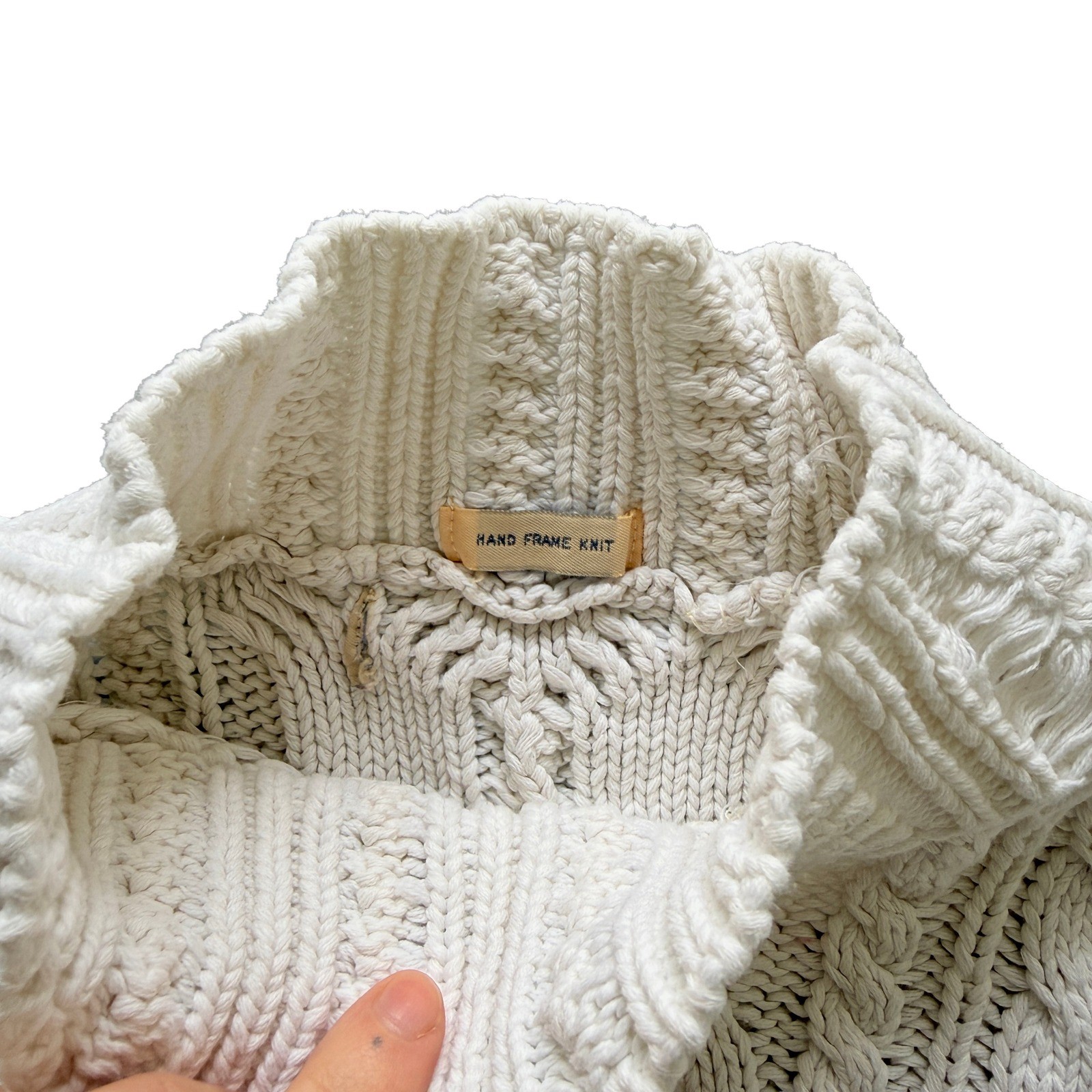 Hand Frame Knit Cream Cable Knit Mock Neck Sweater Womens Fisherman Cotton M